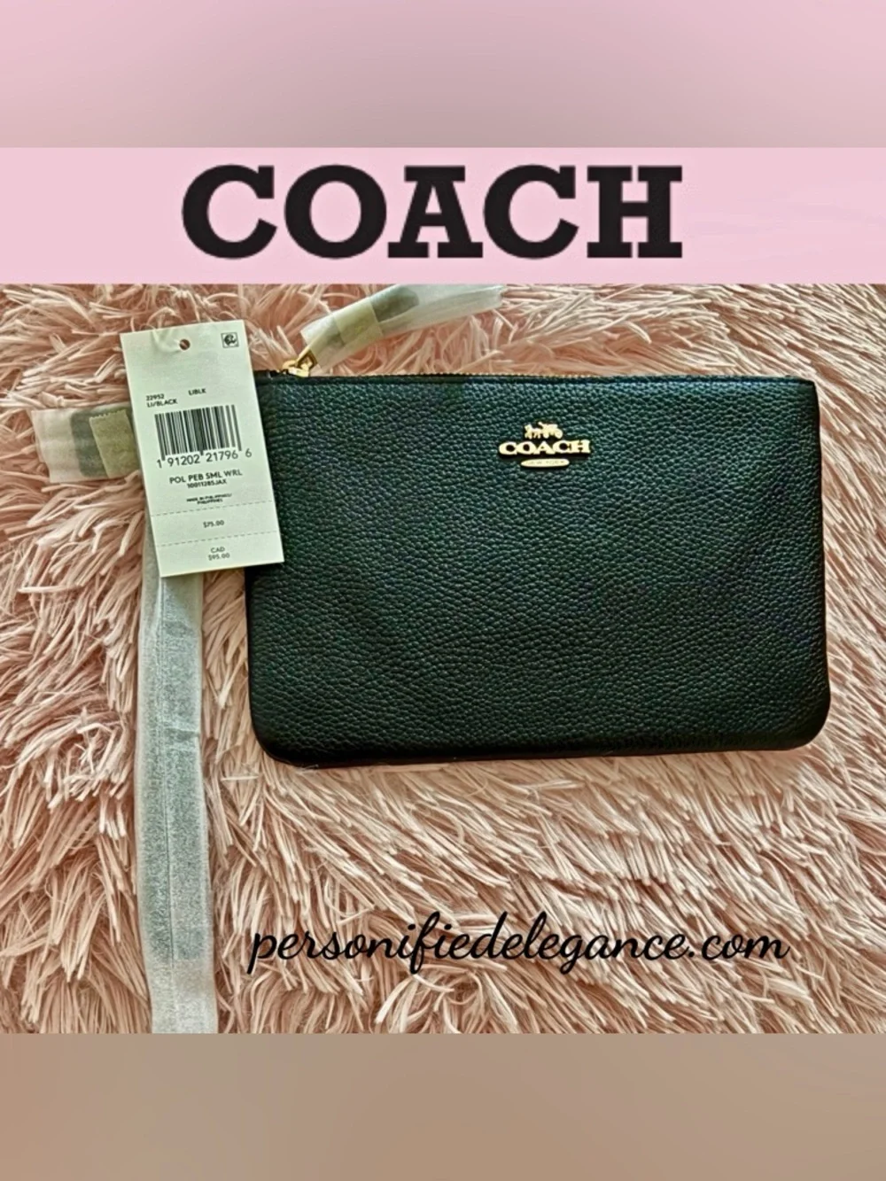 NEW Coach Black Crossgrain Leather Small Zip Top Wristlet Pouch - Picture 12 of 12